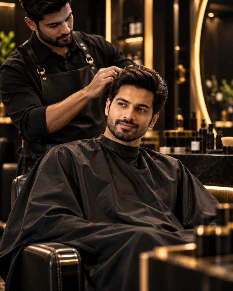 A barber styling a seated client's hair in a dark, gold-lit salon