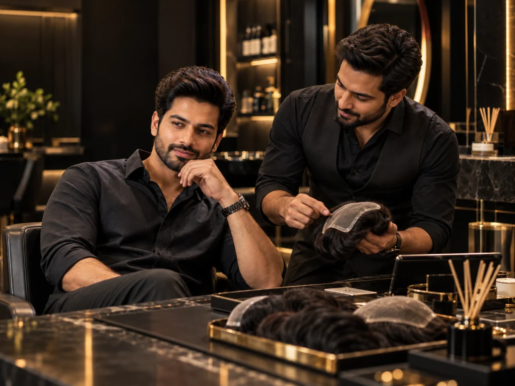 A stylist showing a seated client a hair system during a consultation, with hair samples on the table