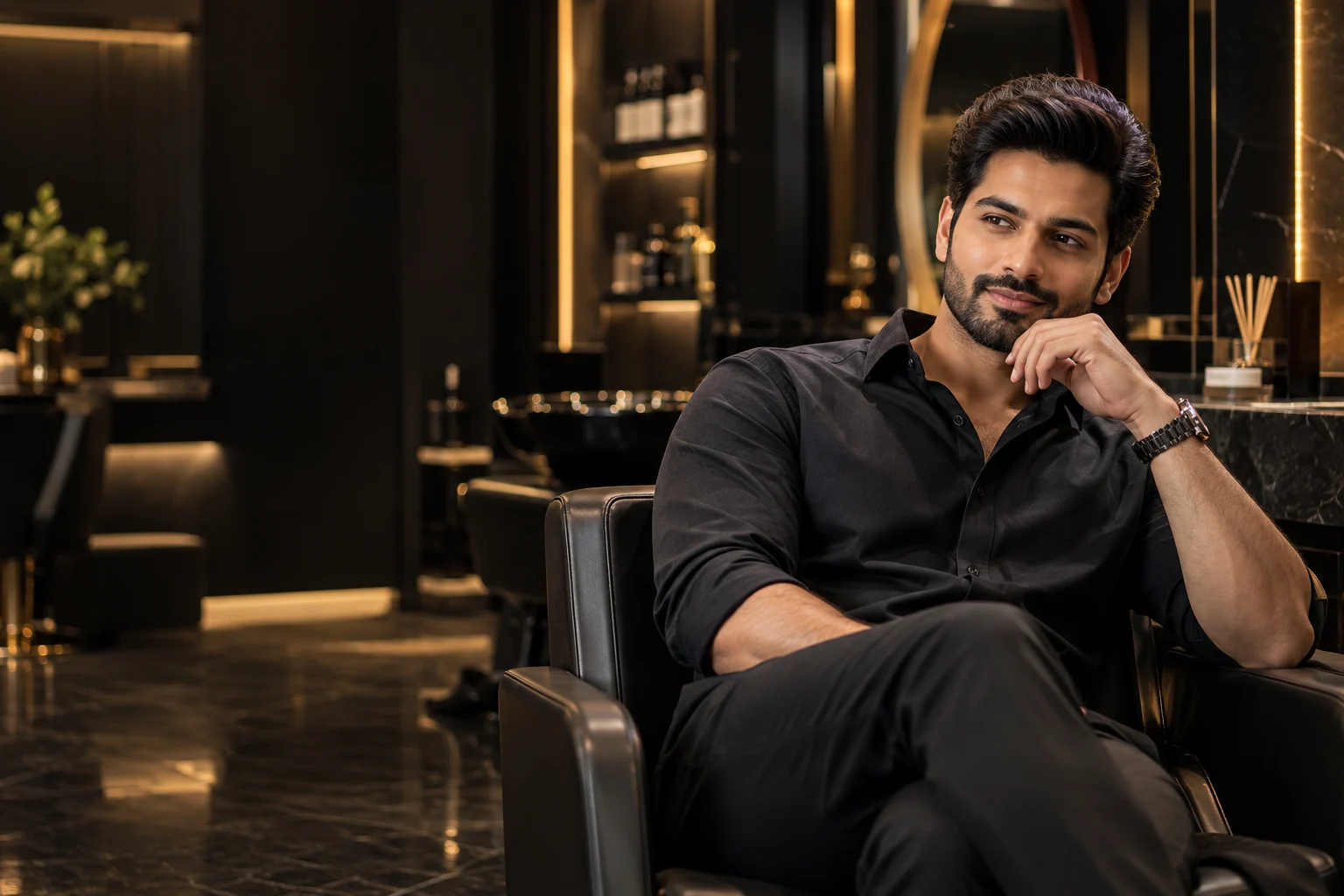 A man with a full, natural-looking dark hairstyle relaxing in a leather chair in a dark, gold-lit salon