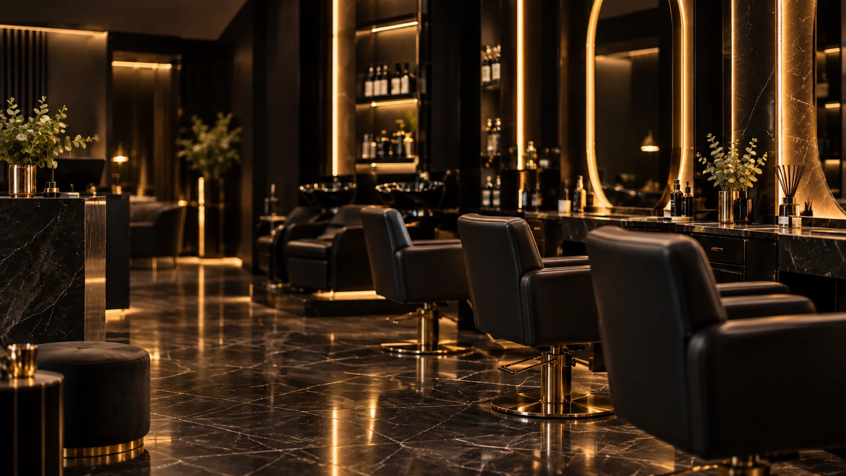 A dark salon interior with black marble, gold lighting and leather styling chairs