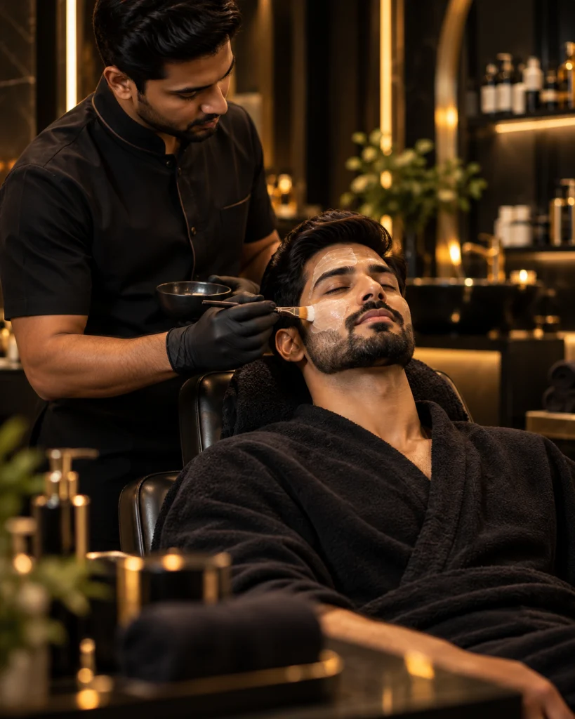A reclining client receiving a facial treatment applied with a brush